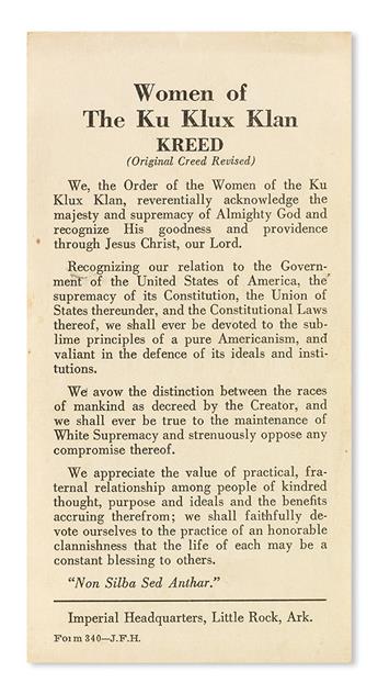 (CIVIL RIGHTS--KU KLUX KLAN.) ARKANSAS. Constitution, Kloran and Kreed of the Women of the Ku Klux Klan.